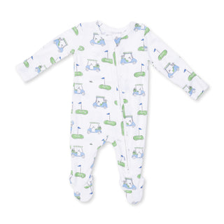 Angel Dear 2 Way Zipper Footie - Golf Carts Blue
Baby onesie with golf-themed print on a white background