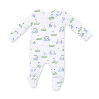 Angel Dear 2 Way Zipper Footie - Golf Carts Blue
Baby onesie with golf-themed print on a white background