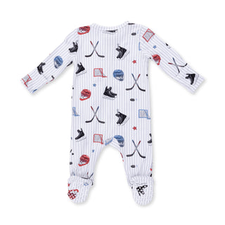 Angel Dear 2 Way Zipper Footie - Hockey Stripe
Baby onesie with hockey-themed pattern on a white background
