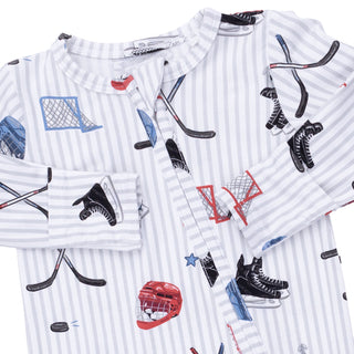 Angel Dear 2 Way Zipper Footie - Hockey Stripe 
Children's shirts with sports-themed pattern on a white background