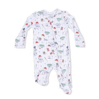 Angel Dear 2 Way Zipper Footie - Home Run Baseball
Baby onesie with sports-themed print on a white background