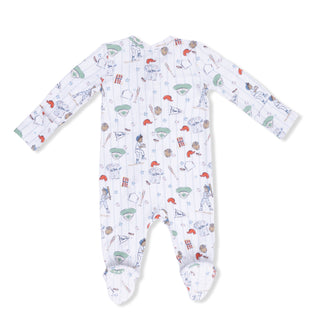 Angel Dear 2 Way Zipper Footie - Home Run Baseball
Baby onesie with sports-themed pattern on a white background