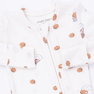 Angel Dear 2 Way Zipper Footie - Mini Basketballs
Baby outfit with basketball print including onesie and bib on a white background
