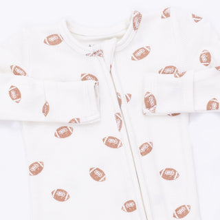 Angel Dear 2 Way Zipper Footie - Mini Footballs
Baby outfit with white shirt and pants featuring football patterns on a white background
