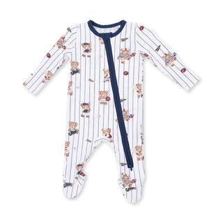Angel Dear 2 Way Zipper Footie - Mixed Sports Bears
A baby long-sleeve footed sleeper with vertical navy blue pinstripes and a playful teddy bear pattern, featuring a navy blue zipper closure down the front.