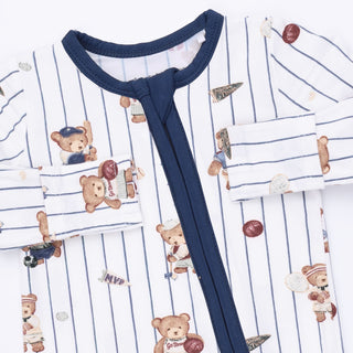 Angel Dear 2 Way Zipper Footie - Mixed Sports Bears
A close-up of a baby long-sleeve pajama top featuring a white base with thin navy blue pinstripes, a solid navy collar and front tie closure, and an all-over print of teddy bears in baseball and sports outfits.