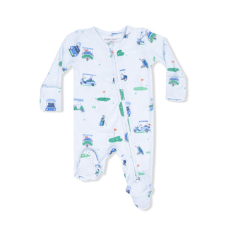 Angel Dear 2 Way Zipper Footie - Vintage Golf Carts Blue
Baby onesie with golf-themed print on a white background