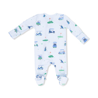 Angel Dear 2 Way Zipper Footie - Vintage Golf Carts Blue
Baby onesie with golf-themed print on a white background