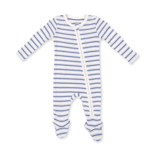 Angel Dear 2 Way Zipper Footie - Vintage Stripe BlueStriped baby onesie with a zipper on a white background