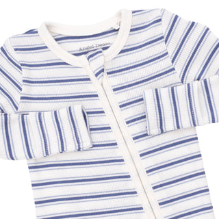 Angel Dear 2 Way Zipper Footie - Vintage Stripe Blue 
Baby cardigan with blue and white stripes on a white background