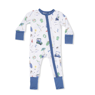 Angel Dear 2 Way Zipper Romper - Golf Things
Baby onesie with blue accents and various patterns on a white background