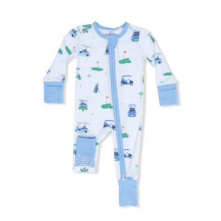 Angel Dear 2 Way Zipper Romper - Vintage Golf Carts Blue
Baby onesie with car pattern on a white background