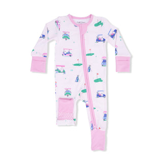 Angel Dear 2 Way Zipper Romper - Vintage Golf Carts Pink
Baby onesie with golf car pattern on a white background