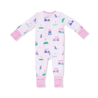 Angel Dear 2 Way Zipper Romper - Vintage Golf Carts Pink
Baby onesie with car pattern on a white background