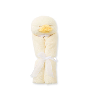 Angel Dear Blankie - Ducky
A folded cream-colored plush towel roll shaped like a sleeping duck, with a yellow beak and a white ribbon tied around the middle, shown on a plain white background.