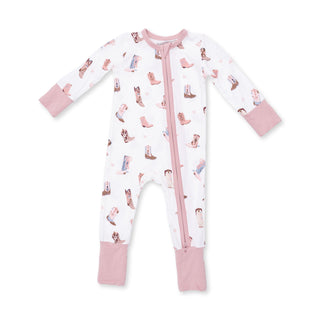 Angel Dear Convertible Romper - Buckarette Boots
Baby onesie with animal print and pink accents on a white background