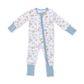 Angel Dear Convertible Romper - Football Check
Baby onesie with sports-themed print and blue accents on a white background