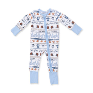 Angel Dear Convertible Romper - Football Stripe
Baby onesie with a pattern of cars and trucks on a white background