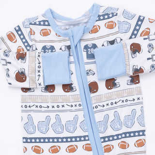 Angel Dear Convertible Romper - Football Stripe
Children's hoodie with sports-themed pattern on a white background