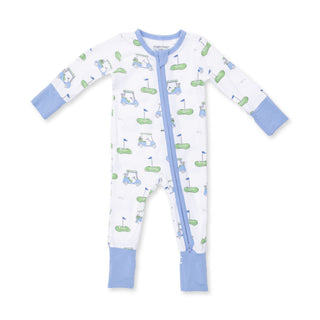 Angel Dear Convertible Romper - Golf Carts Blue
Baby onesie with golf pattern and blue accents on a white background