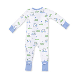 Angel Dear Convertible Romper - Golf Carts Blue
Baby onesie with golf-themed print on a white background