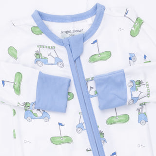 Angel Dear Convertible Romper - Golf Carts Blue
Baby outfit with blue straps and golf-themed design on a white background