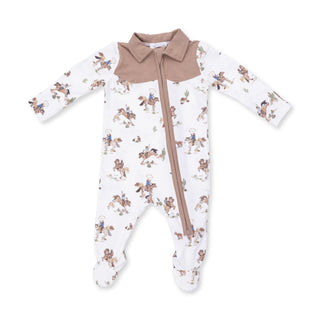 Angel Dear Cowboy 2 Way Zipper Footie - Horse Wrangler
Baby onesie with teddy bear pattern and brown collar on a white background