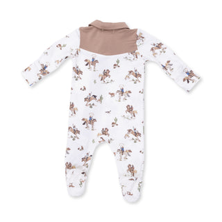 Angel Dear Cowboy 2 Way Zipper Footie - Horse Wrangler
Baby onesie with cowboy print on a white background