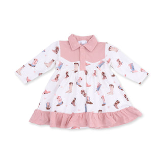 Angel Dear Long Sleeve Cowboy Bodysuit Dress - Buckarette Boots
Children's dress with pink collar and ruffled hem on a white background