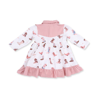 Angel Dear Long Sleeve Cowboy Bodysuit Dress - Buckarette Boots Children's dress with cowboy boot pattern on a white background