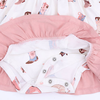 Angel Dear Long Sleeve Cowboy Bodysuit Dress - Buckarette Boots
White baby diaper with cartoon pig design on a pink blanket