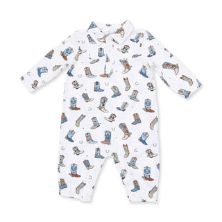 Angel Dear Long Sleeve Cowboy Romper - Buckaroo Boots
A white long-sleeve baby romper with an all-over cowboy boots print, featuring a button-up front and snap closures, laid flat on a white background.