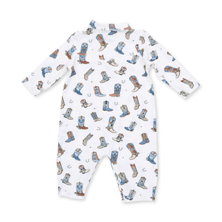 Angel Dear Long Sleeve Cowboy Romper - Buckaroo Boots
A white long-sleeve baby footless one-piece romper with an all-over print of cowboy boots and horseshoes in blue, brown, and tan, shown on a plain white background.