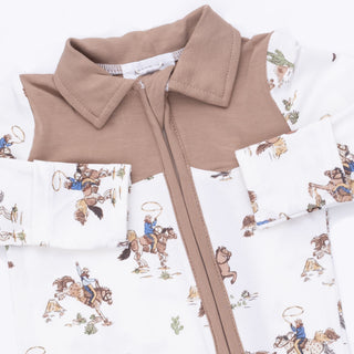 Angel Dear Cowboy 2 Way Zipper Footie - Horse Wrangler
Children's outfit with brown collar and patterned fabric