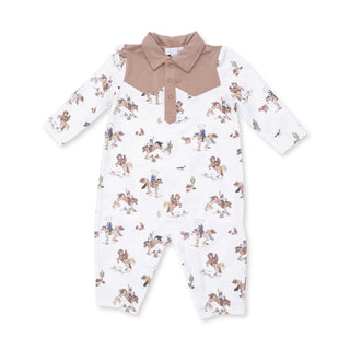 Angel Dear Long Sleeve Cowboy Romper - Horse Wrangler
Baby romper with teddy bear pattern and brown collar on a white background
