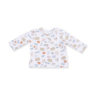 Angel Dear Long Sleeve Henley Play Set - Football Check
White long-sleeve shirt with sports-themed pattern on a white background