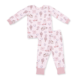 Angel Dear Long Sleeve Loungewear Set - Cowgirl Boots and Bows
Children's pajama set with pink and white pattern on a white background