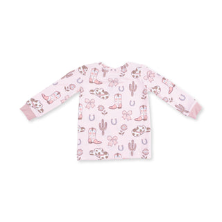 Angel Dear Long Sleeve Loungewear Set - Cowgirl Boots and Bows
Children's long-sleeve shirt with pink and white pattern on a white background