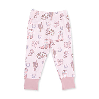 Angel Dear Long Sleeve Loungewear Set - Cowgirl Boots and Bows
Children's pajama pants with cowboy and cactus pattern on a white background