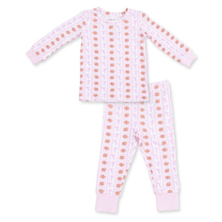 Angel Dear Long Sleeve Loungewear Set - Football Bow Stripe
Children's pajama set with pink and orange pattern on a white background