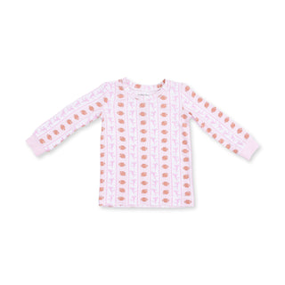 Angel Dear Long Sleeve Loungewear Set - Football Bow Stripe
Pink long-sleeve shirt with orange polka dots on a white background