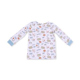 Angel Dear Long Sleeve Loungewear Set - Football Check
Children's long-sleeve shirt with sports-themed pattern on a white background