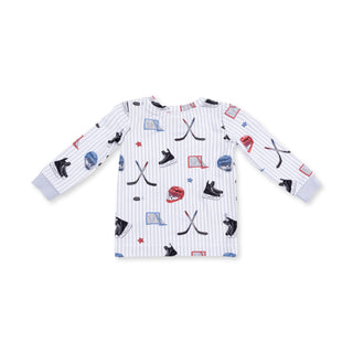 Angel Dear Long Sleeve Loungewear Set - Hockey Stripe
Children's long-sleeve shirt with hockey-themed pattern on a white background