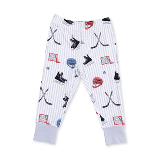 Angel Dear Long Sleeve Loungewear Set - Hockey Stripe White pajama pants with hockey-themed pattern on a white background