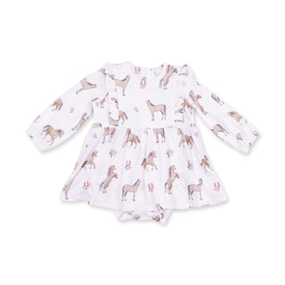 Angel Dear Long Sleeve Ruffle Bodysuit Dress - I Love Horses
Children's dress with animal pattern on a white background