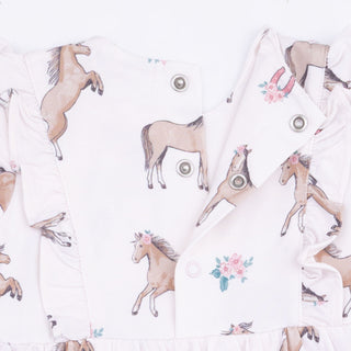 Angel Dear Long Sleeve Ruffle Bodysuit Dress - I Love Horses
Pattern of horses and floral elements on a white background