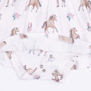 Angel Dear Long Sleeve Ruffle Bodysuit Dress - I Love Horses
Pattern of horses and flowers on a white background