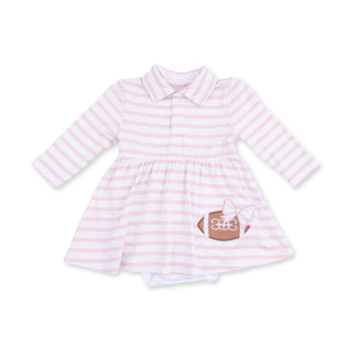 Angel Dear Long Sleeve Tennis Bodysuit Dress - Football Dot and Stripe
Pink and white striped baby dress with football design on a white background