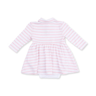 Angel Dear Long Sleeve Tennis Bodysuit Dress - Football Dot and Stripe
Pink and white striped baby dress on a white background