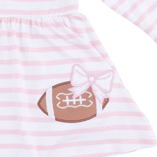 Angel Dear Long Sleeve Tennis Bodysuit Dress - Football Dot and Stripe
Pink and white striped dress with a football and bow design on a white background